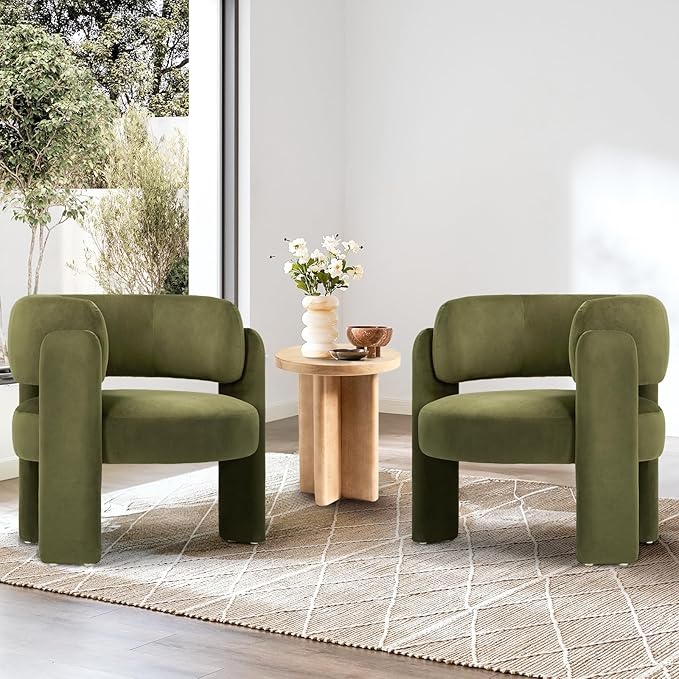 Modern Velvet Accent Chair Set of 2, Upholstered Barrel Chairs, Comfy Side Arm Chairs with 3 Legs for Living Room, Bedroom, Reading, Green
