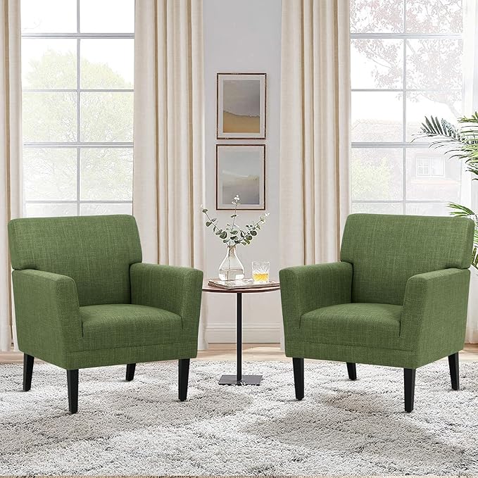 Accent Chair Set of 2 for Living Room, Modern Upholstered Fabric Accent Armchair with Back, Soft Single Sofa Chair with Arms for Bedroom/Office/Reception Room, Green