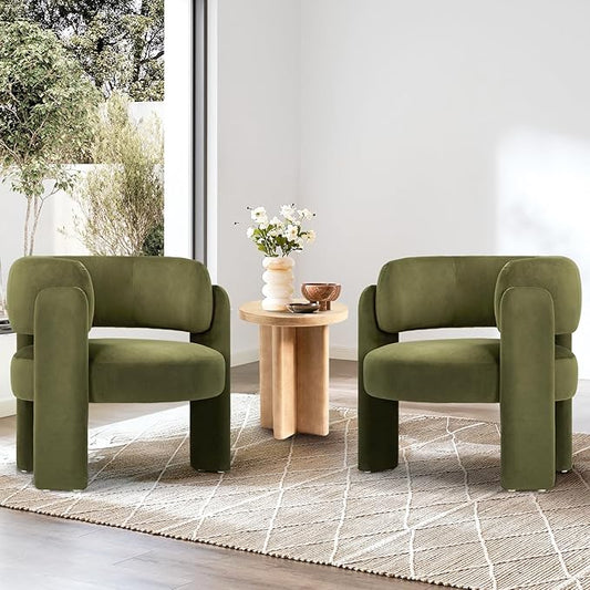 Modern Velvet Accent Chair Set of 2, Upholstered Barrel Chairs, Comfy Side Arm Chairs with 3 Legs for Living Room, Bedroom, Reading, Green