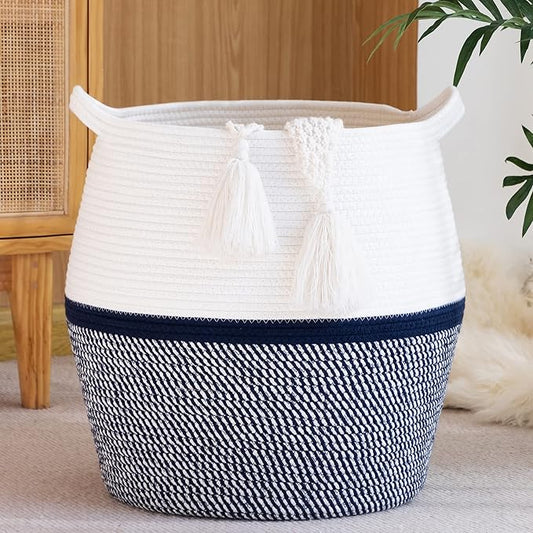 Woven Baskets for Storage(17"x17"),Large Cotton Rope Basket Woven Baby Laundry Hamper,Collapsible Laundry Basket, Blanket Basket for Living Room,Nursery,Clothes, Toy chest(Navy Blue)