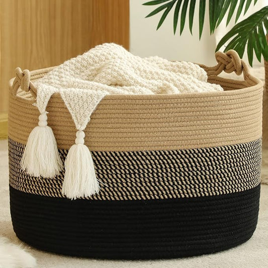 Large Blanket Basket (20"x13"),Woven Rope Baskets for storage Baby Laundry Hamper, Cotton Rope Blanket Basket for Living Room, Laundry, Nursery, Pillows,Baby Toy chest (Jute/Black)
