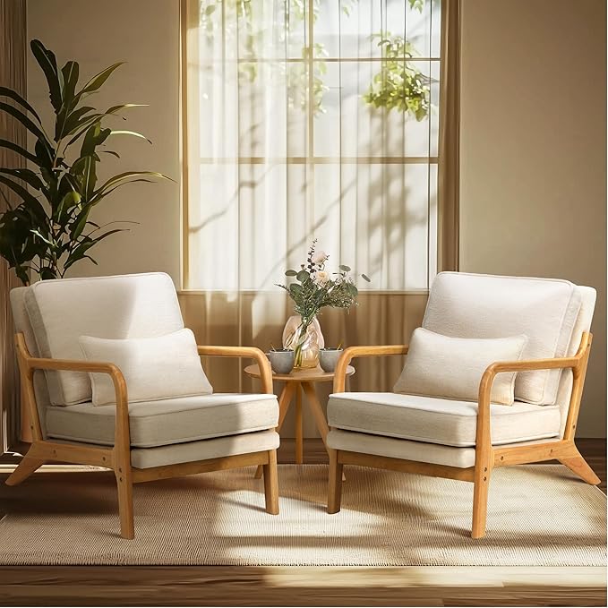 Mid Century Modern Accent Chair Set of 2 with Lumbar Pillow, Relaxing Armchair with Solid Wood Frame & Soft Cushion, Reading Leisure Chair for Living Room（Beige）
