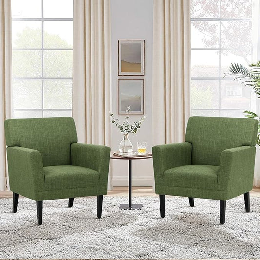 Accent Chair Set of 2 for Living Room, Modern Upholstered Fabric Accent Armchair with Back, Soft Single Sofa Chair with Arms for Bedroom/Office/Reception Room, Green