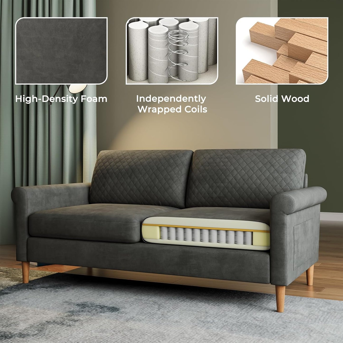 165cm Light Gray Loveseat, Comfy Mid-Century Modern 2-Seat Sofa, No-Tool Assembly Small Couch for Living Room & Bedroom