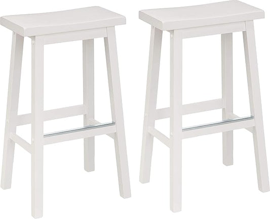 Solid Wood Saddle-Seat Kitchen Counter Barstool with Footrest, Easy Assembly - 29-Inch Height - White - Set of 2