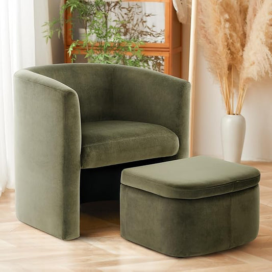 Upholstered Velvet Barrel Accent Chair with Storage Ottoman, Morden Living Room Chair with Lounge Seat for Bedroom/Reading Spaces, Green