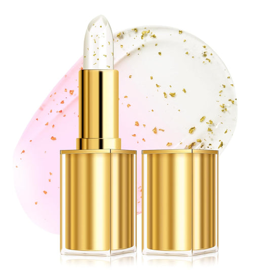 Transferproof Color Changing Lipstick with Gold Flakes, Changes from Clear to Sheer Pink, Moisturizing Tinted Lip Balm, Deep Nourishment, PH Changing Lipstick, Glossy Shine Lip Balm
