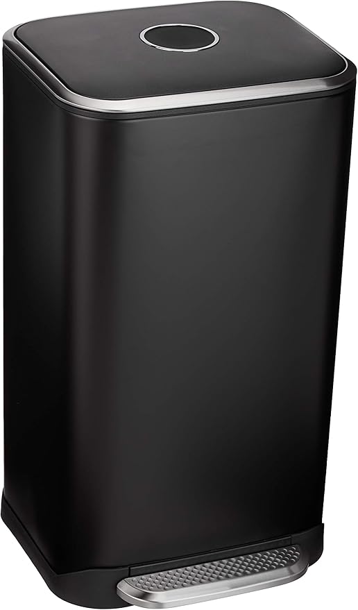 Rectangular Metal Trash Can With Soft-Close Foot Pedal, 32 liter/8.5 gallon, 14"L x 14"W x 25.3"H, Black