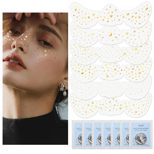 6 Styles Glitter Freckles Tattoo Sticker, Glow Up Metallic Faux Freckle Patches Waterproof Shiny Gold Foil Flash Face Makeup for Music Festival Singer Dancer Rave Party Christmas New Year