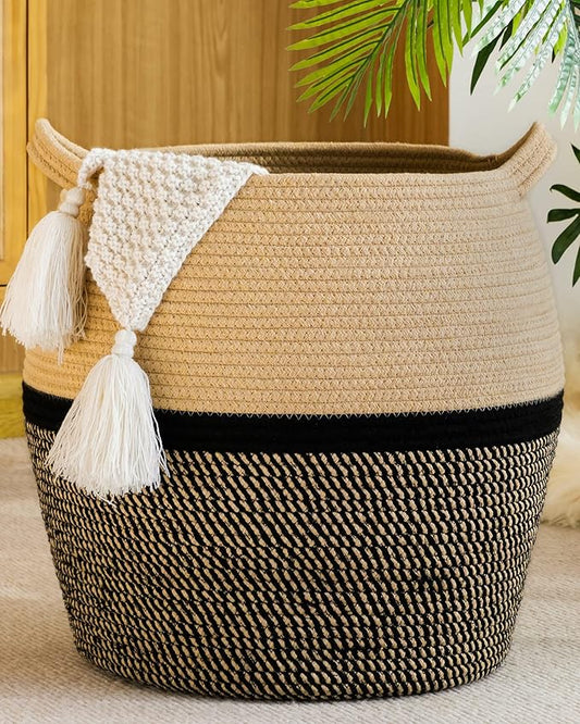 Woven Baskets for Storage(17"x17"),Large Cotton Rope Woven Baby Laundry Hamper,Collapsible Laundry Basket, Blanket Basket for Organizing Living Room,Nursery,Clothes,Toy chest (Black)