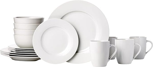 16-Piece Porcelain Kitchen Dinnerware Set with Plates, Bowls and Mugs, Service for 4 - White