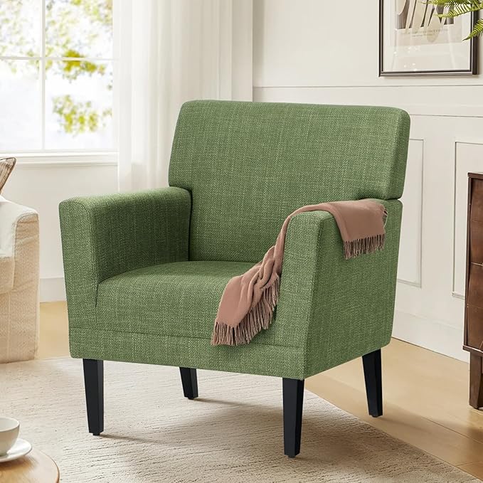 Upholstered Accent Chair for Living Room, Modern Fabric Accent Armchair with Back, Soft Single Sofa Chair with Arms for Bedroom/Office/Reception Room, Green