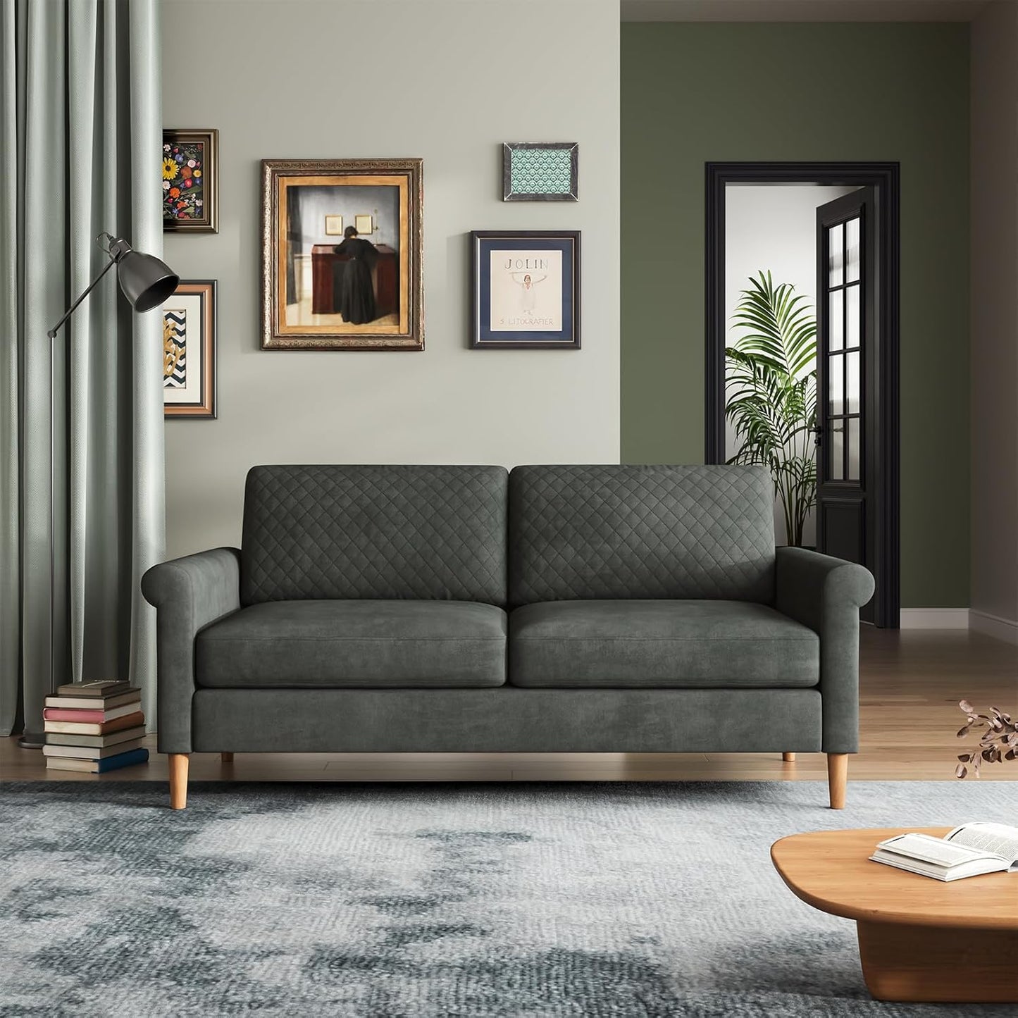 165cm Light Gray Loveseat, Comfy Mid-Century Modern 2-Seat Sofa, No-Tool Assembly Small Couch for Living Room & Bedroom