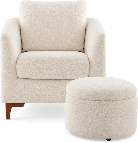 Chair with Storage Ottoman Set, Upholstered Barrel Arm Chair with Footrest, Modern Living Room Chair with Back Pillow, Cream