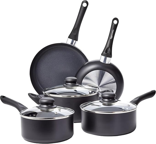 Non Stick Kitchen Cookware 8-Piece Set, Non-Induction, Includes Pots and Pans, Black