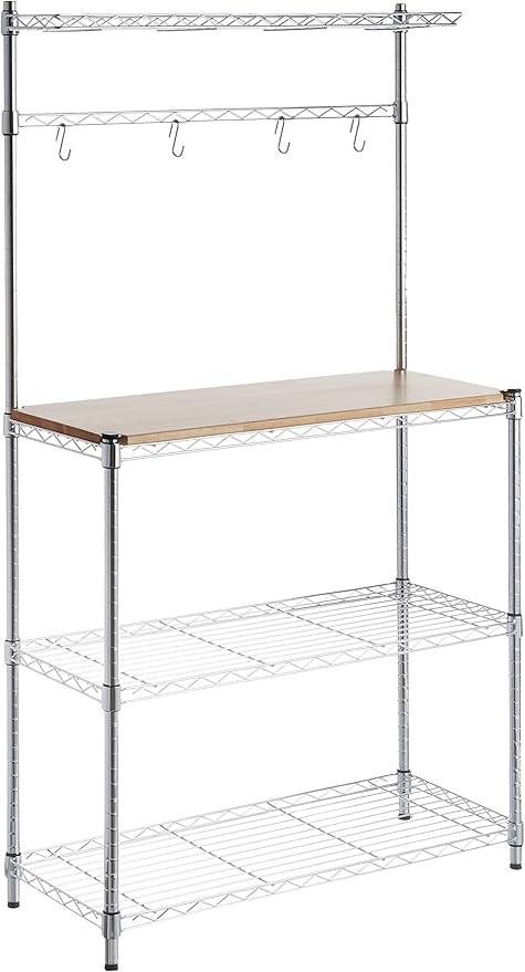 3 Tier Kitchen Bakers Rack with Storage, Removeable Top, Wood/Chrome, 14" D x 35.83" W x 63.31" H