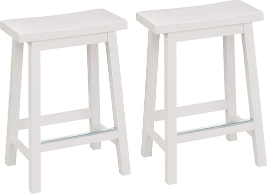 Solid Wood Saddle-Seat Kitchen Counter Barstool with Footrest, Easy Assembly - 24-Inch Height - White - Set of 2