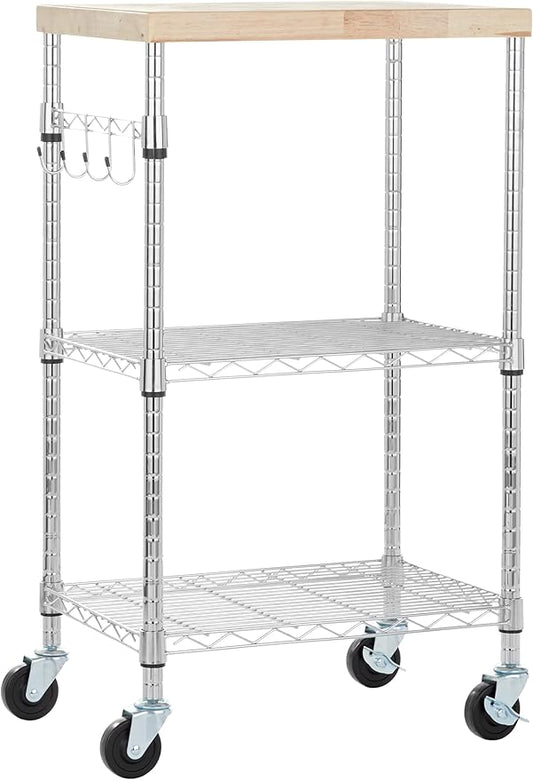 Portable Kitchen 3-Tier Storage Rack on Caster Wheels with Adjustable 2 Shelves, 175 Pound Capacity, 21 x 15 x 36.7 inches (LxWxH), Wood/Chrome