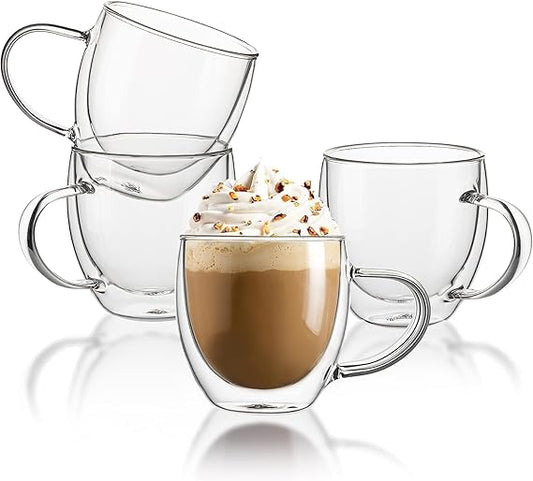 Clear Coffee Mugs - 8 oz Double Wall Glass Coffee Mugs Set of 4, Perfect for Espresso, Latte, Cappuccino